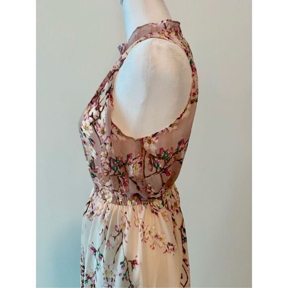 New Chiffon Elegant Floral Print Sleeveless Ruffle Beach Double Split Maxi Dress - Picture 5 of 9